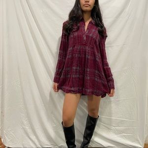 Free people maroon checkered button up dress